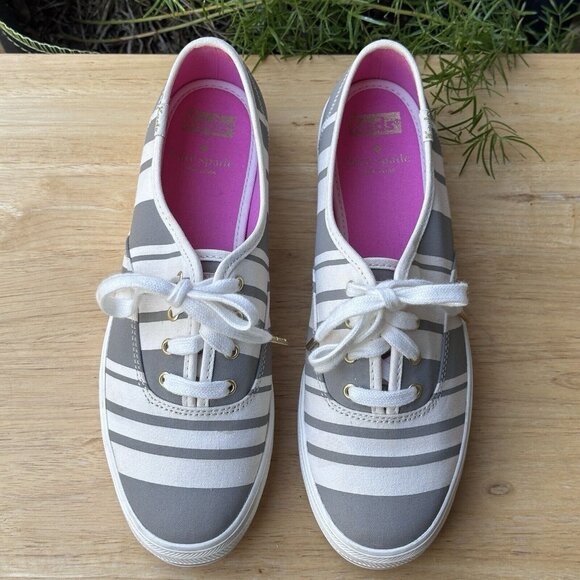 Keds Kate Spade Platform Triple Decker Women's Size 7.5 White Gray Striped Clean - Picture 1 of 12